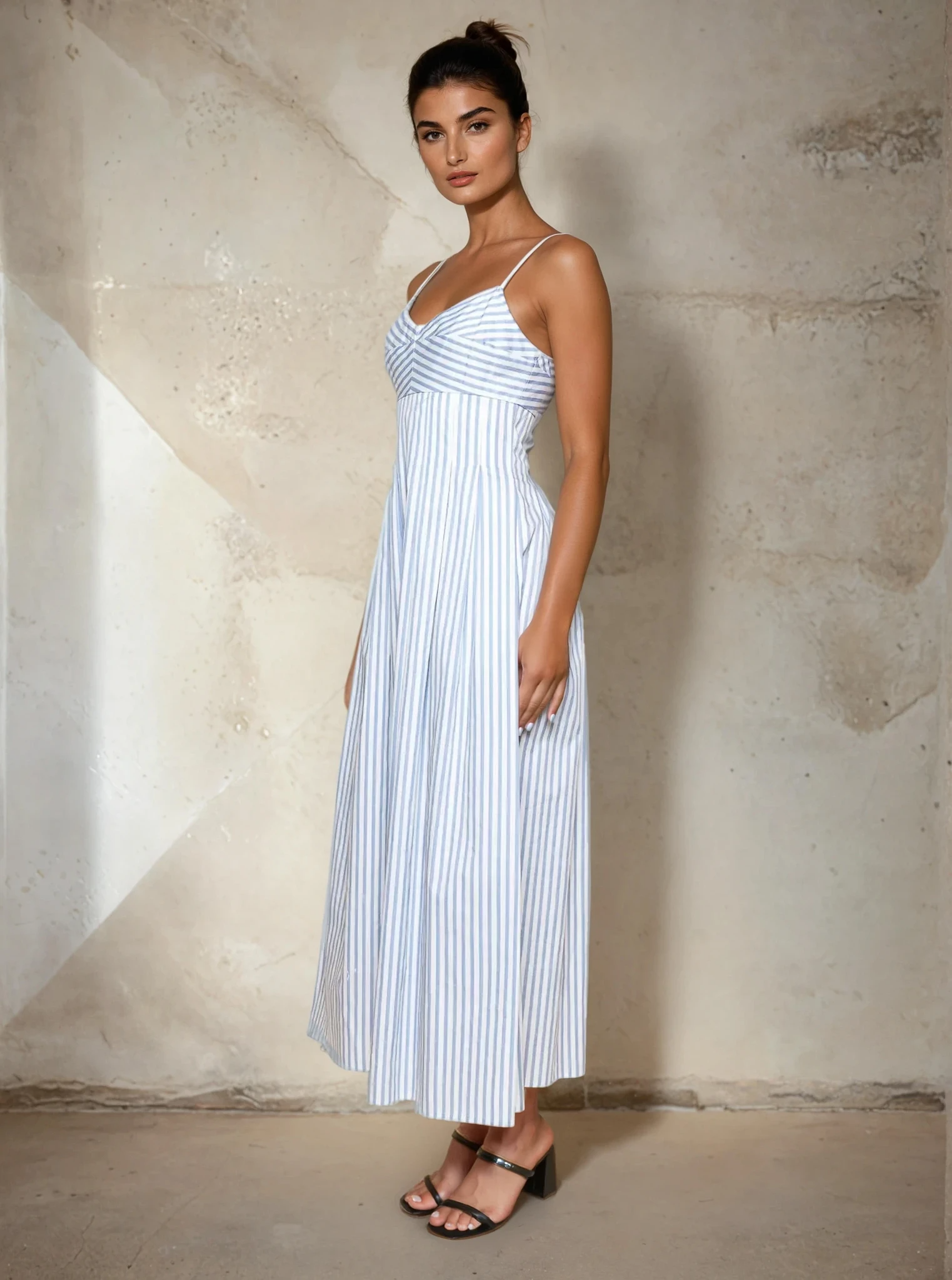 Striped Waist Pleat A Line Midi Dress