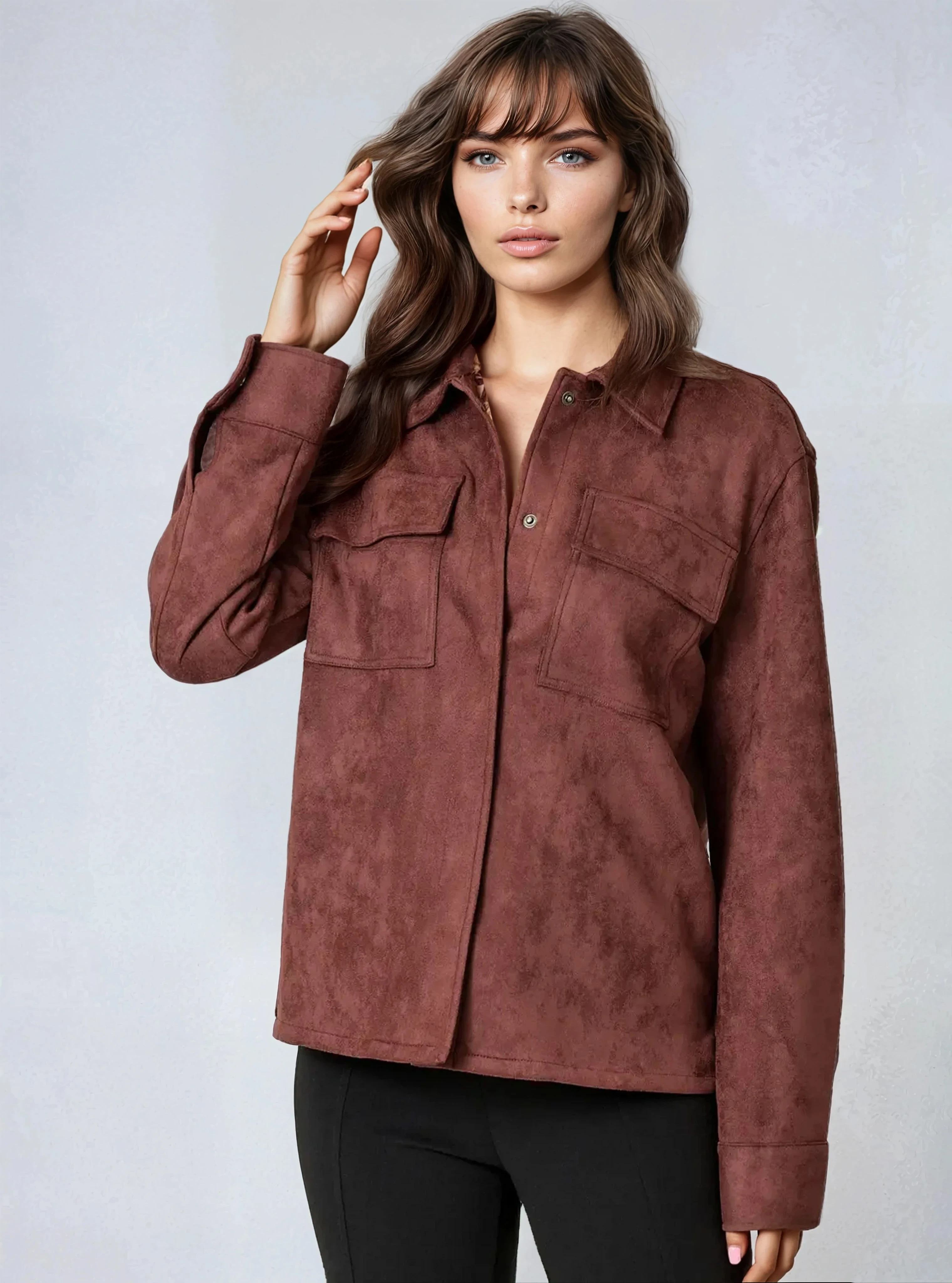 Suede Button Up Shacket Burgundy