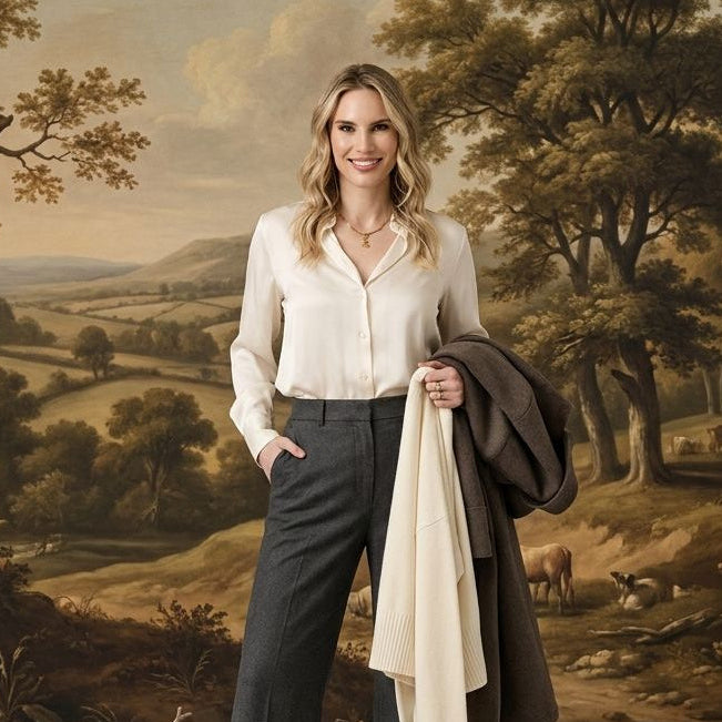 A woman stands in front of a large classical landscape painting, wearing a cream button-down shirt, dark charcoal wide-leg trousers, and holding a dark coat and cream scarf.