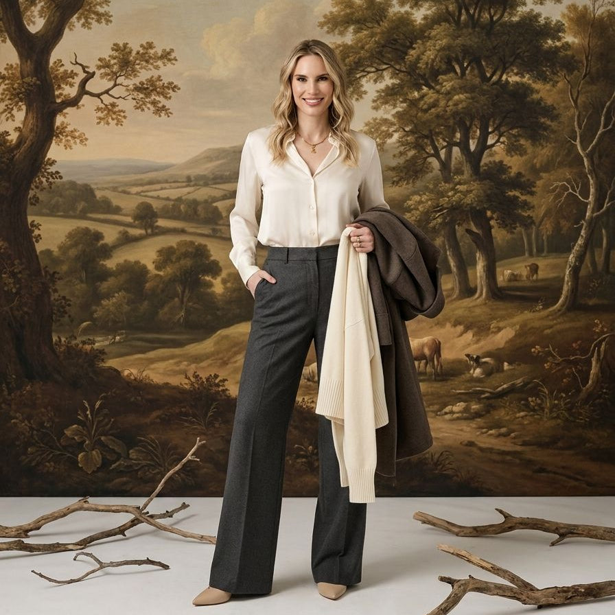 A woman stands in front of a large classical landscape painting, wearing a cream button-down shirt, dark charcoal wide-leg trousers, and holding a dark coat and cream scarf.