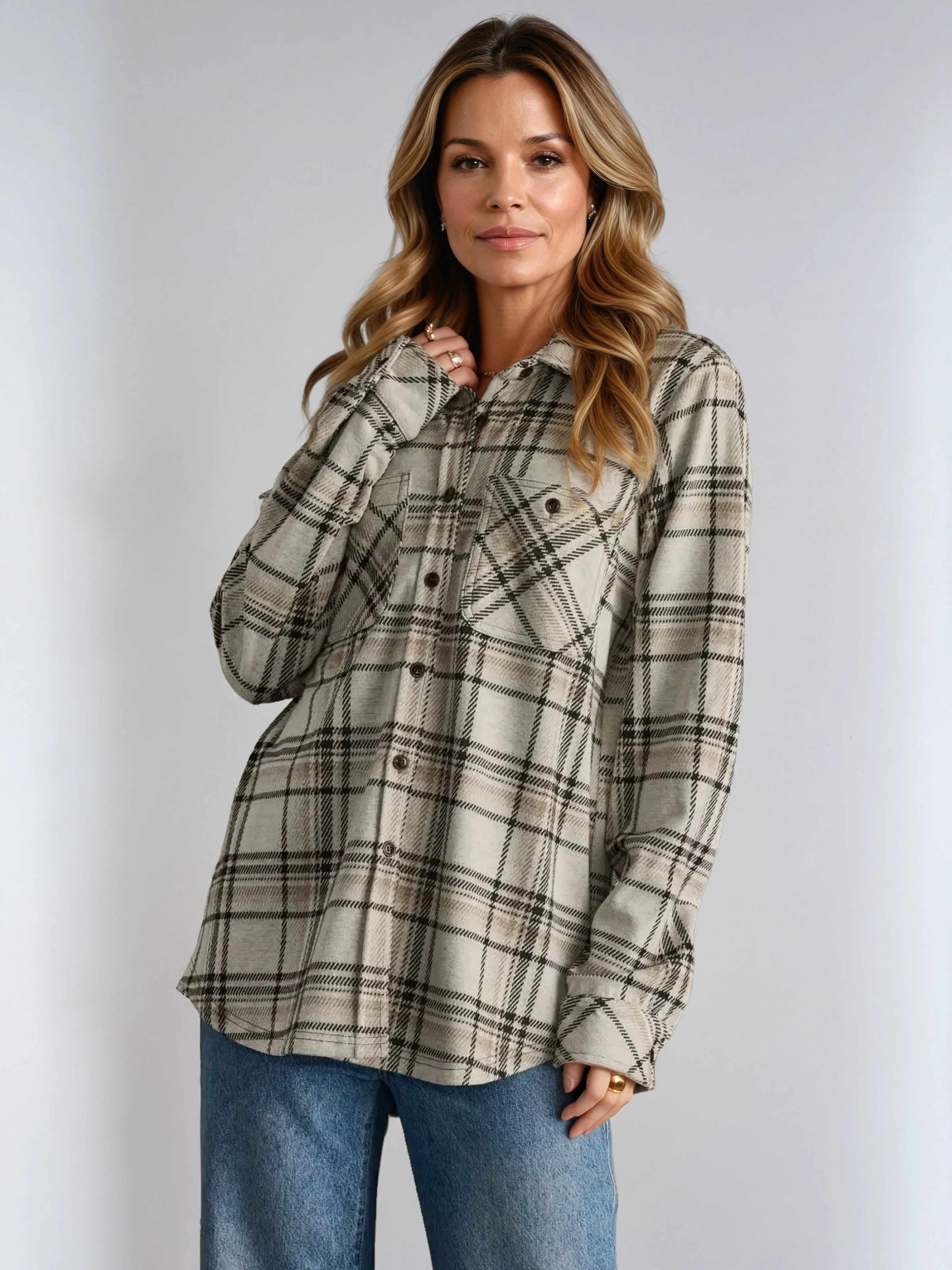 Plaid Button Up Shirt Taupe