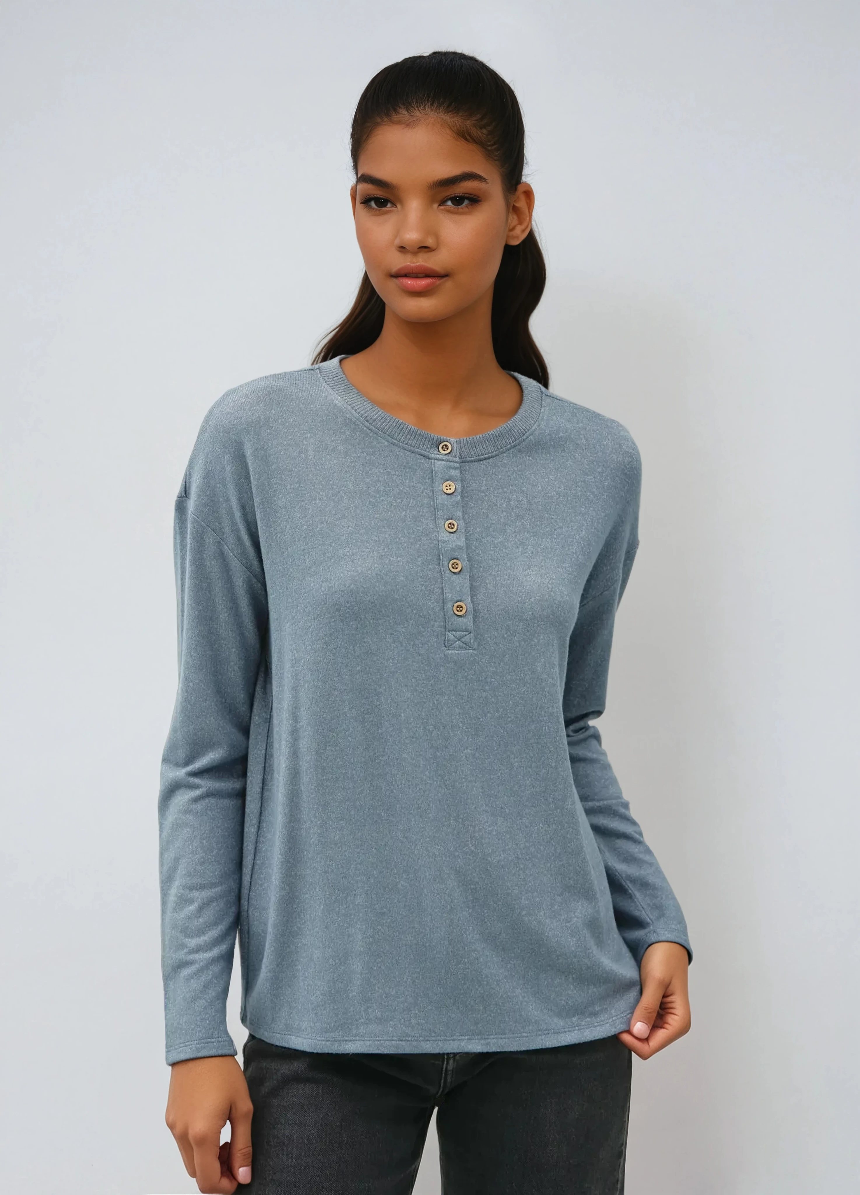 Hacci Long Sleeve Henley Top Teal