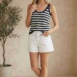 Navy and white striped knit tank sweater from Be Cool, featuring a textured stripe pattern and sleeveless design.
