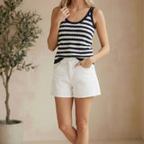 Navy and white striped knit tank sweater from Be Cool, featuring a textured stripe pattern and sleeveless design.