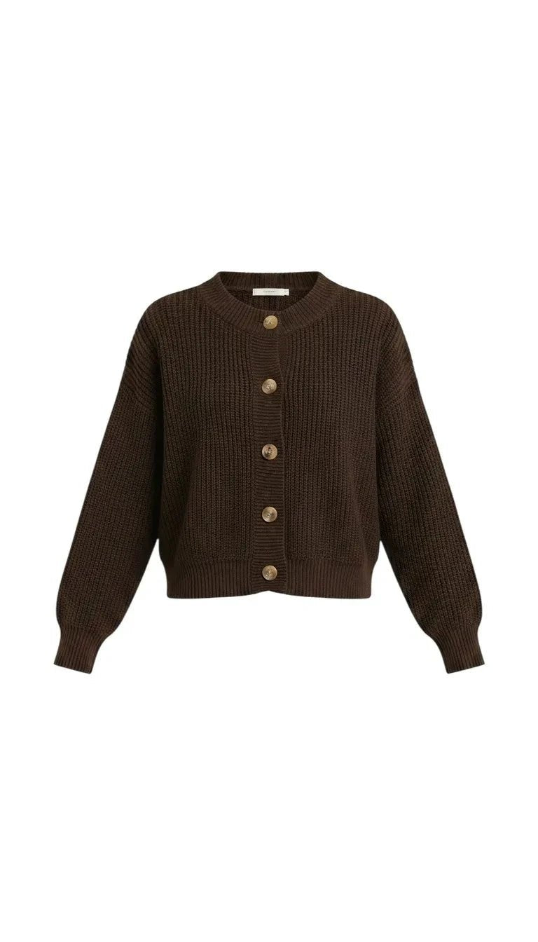 graced dark brown textured knit button down cardigan with a round neckline and long sleeves