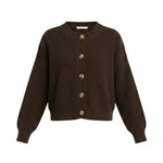 graced dark brown textured knit button down cardigan with a round neckline and long sleeves
