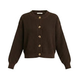 graced dark brown textured knit button down cardigan with a round neckline and long sleeves