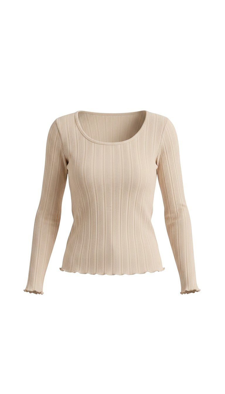 graced beige long sleeve top featuring a textured ribbed knit fabric with a scoop neckline and lettuce edge hem