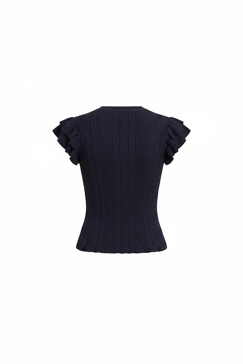 Navy textured ruffle sleeve top from Skies are Blue, featuring a stylish ruffle detail on the sleeves and a soft, textured fabric.