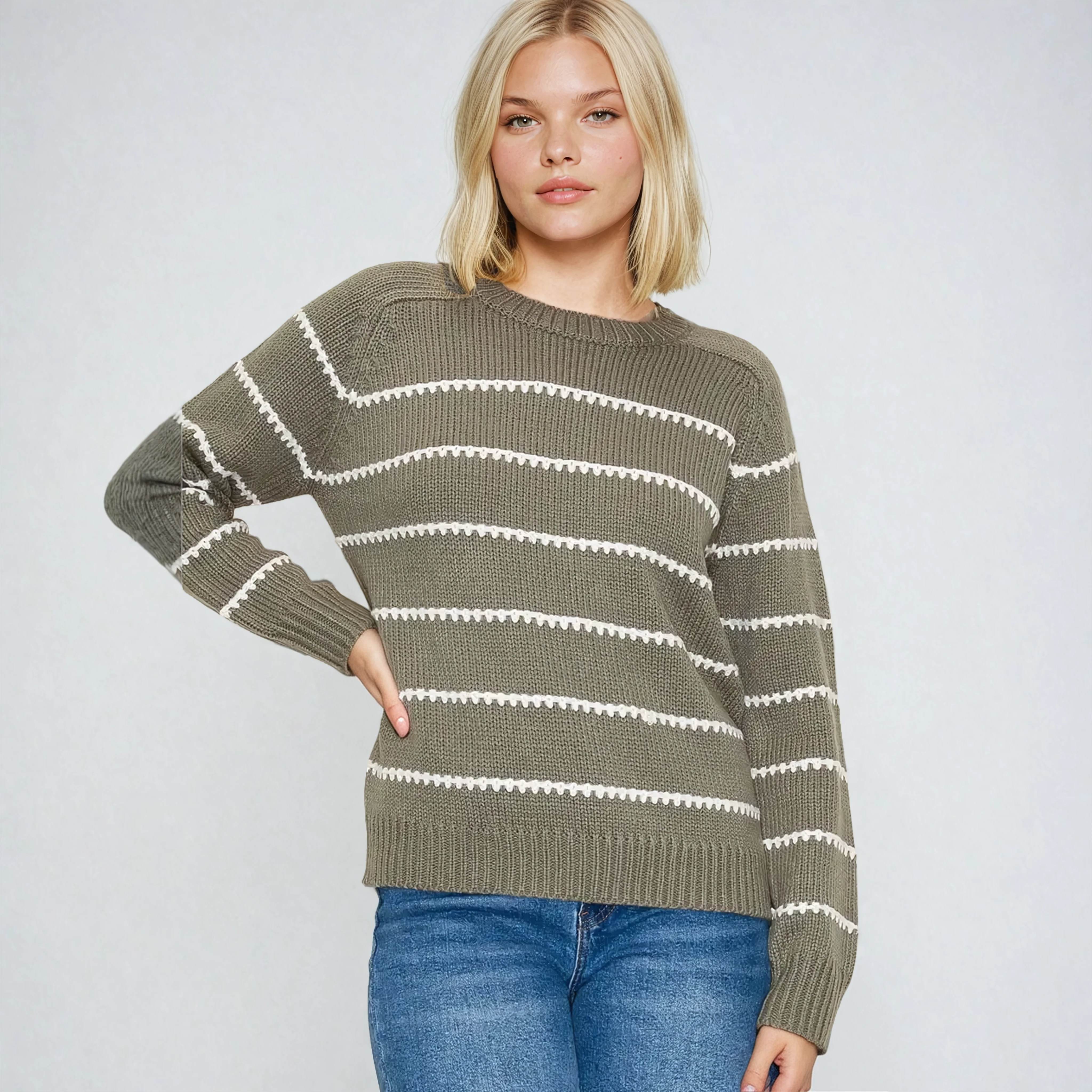 Texture Striped Crew Neck Sweater