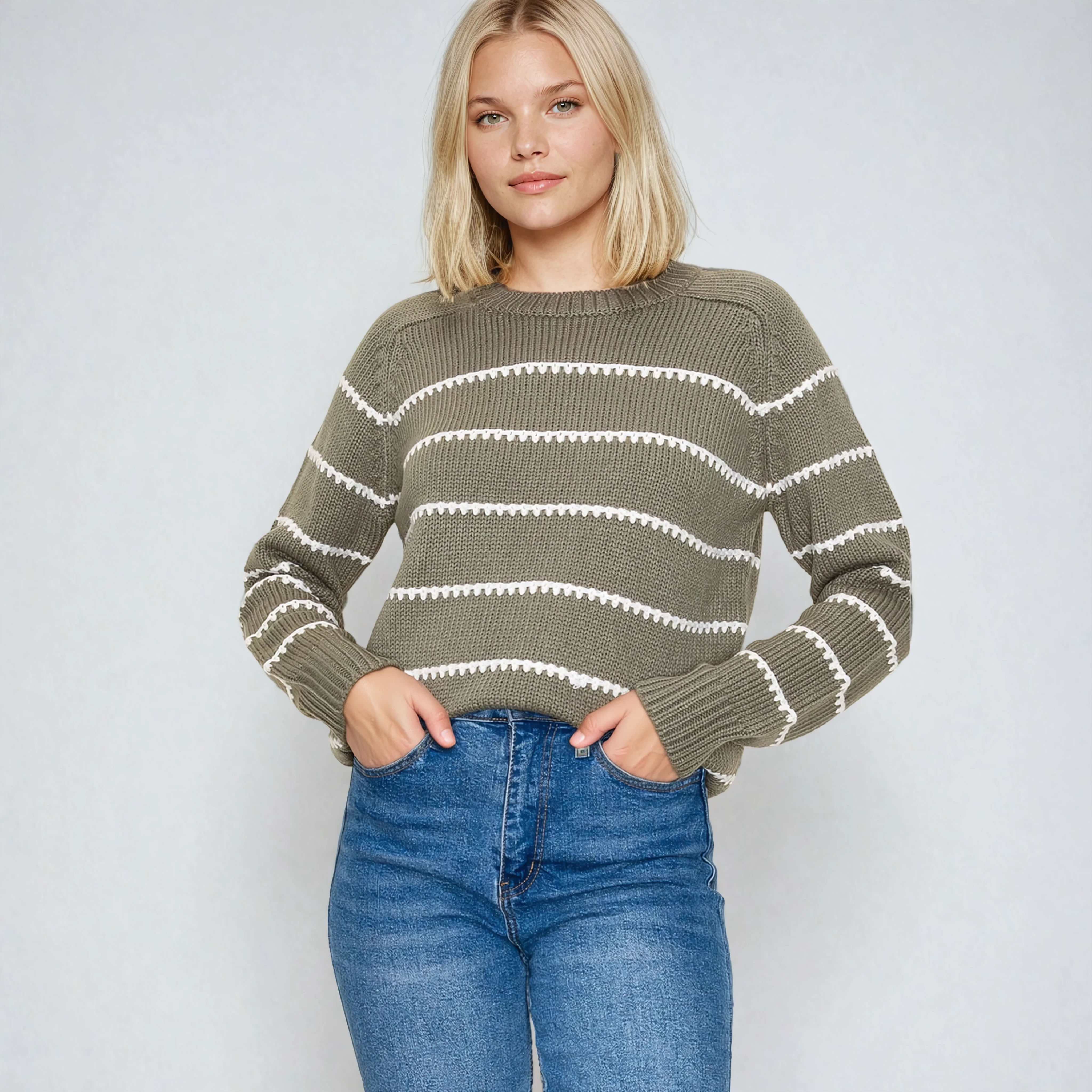 Texture Striped Crew Neck Sweater