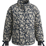 graced Alexis floral quilted jacket in navy and cream cotton with bow details on the sleeve cuffs