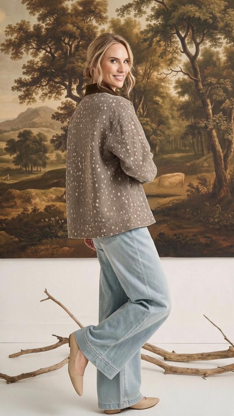 graced The Alyssa animal print jacket with a brown corduroy collar worn by a woman in light blue jeans