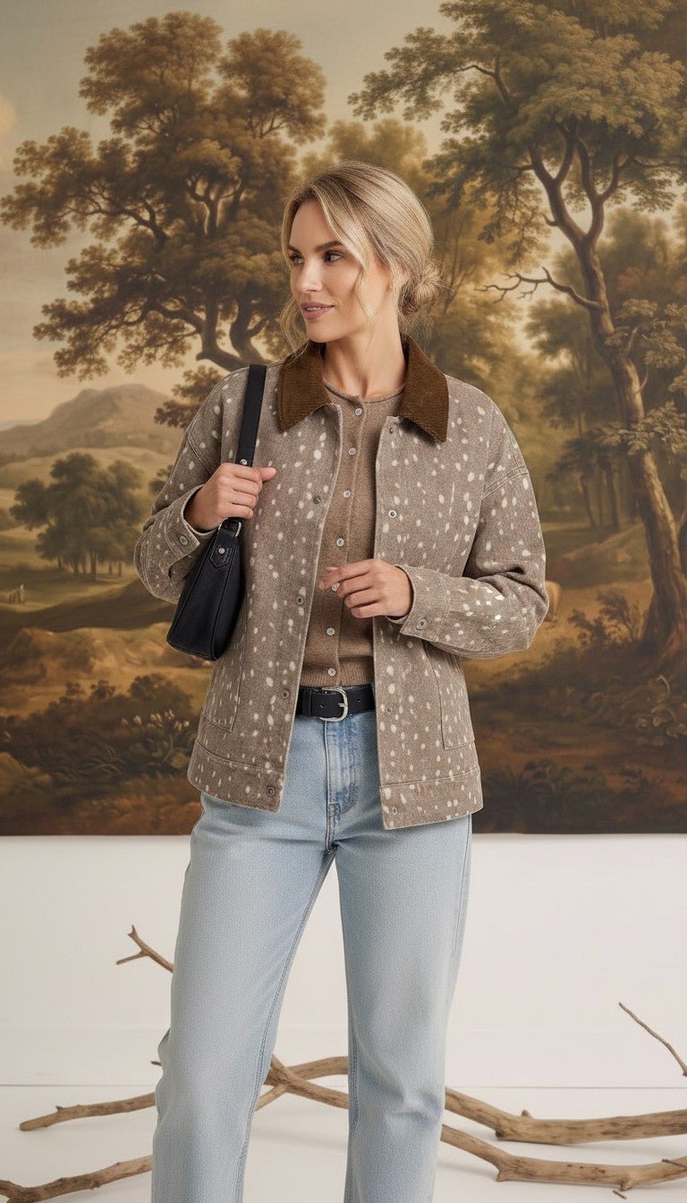 graced Alyssa jacket in beige animal print with a brown corduroy collar worn by a model with light blue jeans
