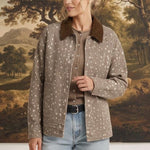 graced The Alyssa animal print jacket with a brown corduroy collar worn by a woman in a studio setting
