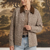 graced The Alyssa animal print jacket with a brown corduroy collar worn by a woman in a studio setting
