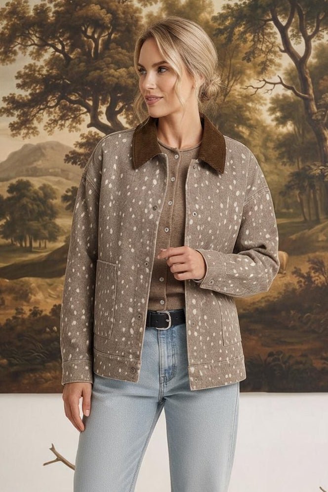 graced The Alyssa animal print jacket with a brown corduroy collar worn by a woman in a studio setting