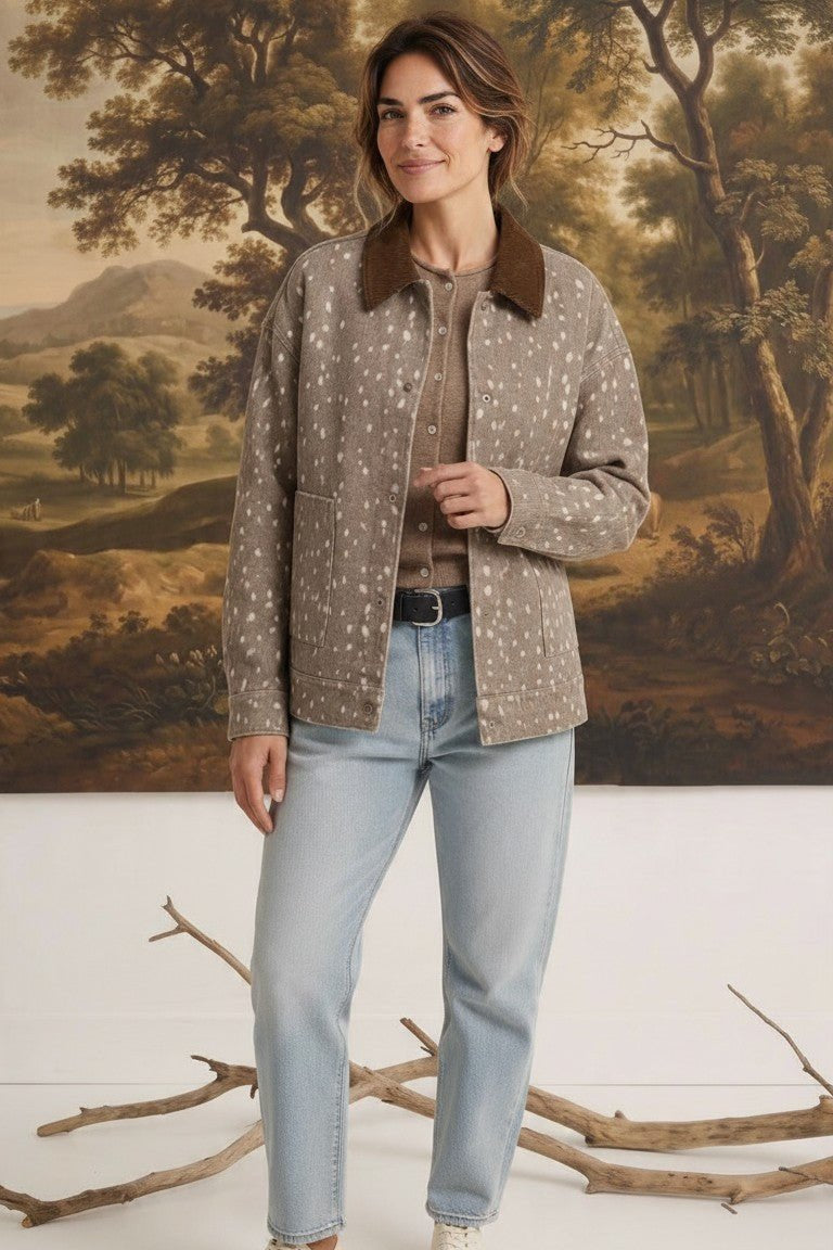 graced Alyssa jacket in taupe animal print cotton with a brown corduroy collar worn by a woman with light wash jeans