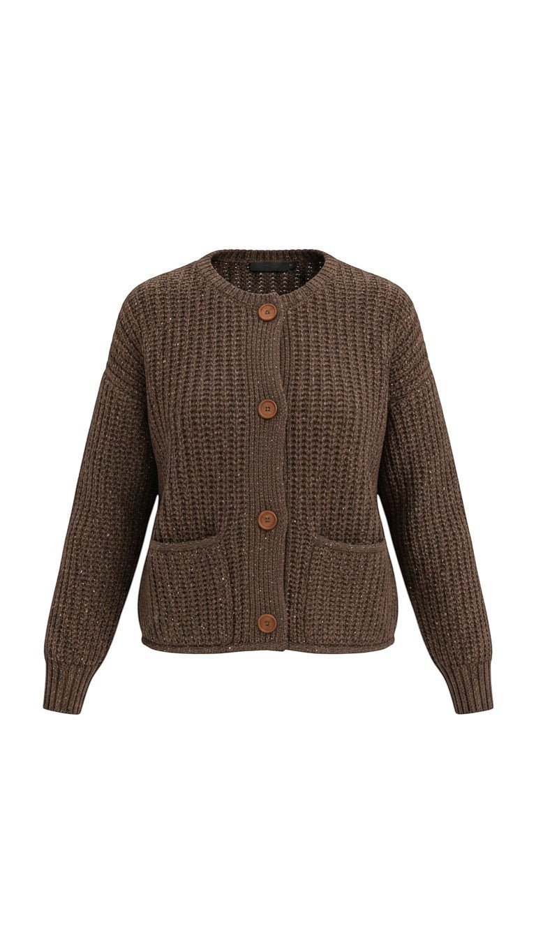 graced Amanda brown knit cardigan with raw edges, button front, and front pockets in a relaxed fit