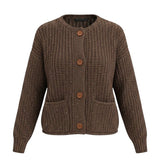 graced Amanda brown knit cardigan with raw edges, button front, and front pockets in a relaxed fit