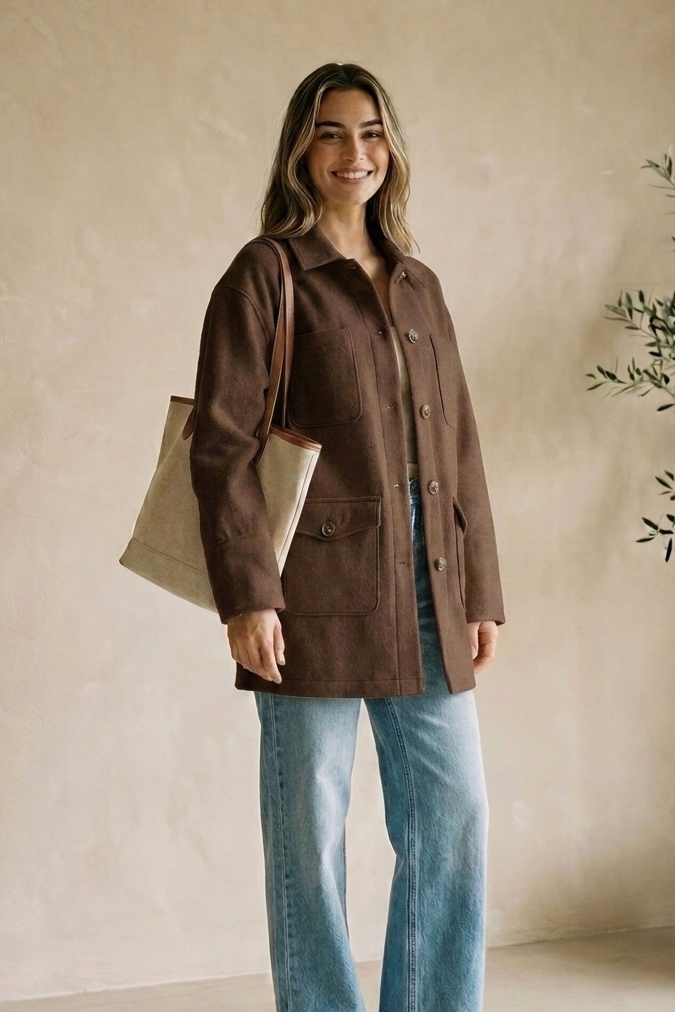 Espresso-colored Graced Anna Five Button Coat, a stylish outerwear piece in extra small size, featuring five front buttons and a tailored fit.