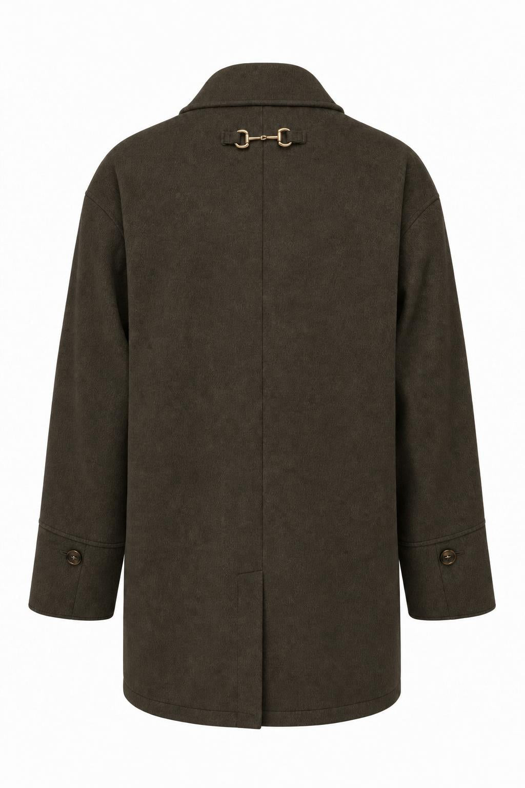 Espresso-colored Anna Five Button Coat by graced, stylish outerwear with five button detail, worn by a model outdoors.