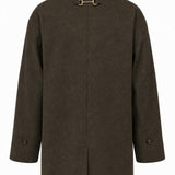 Espresso-colored Anna Five Button Coat by graced, stylish outerwear with five button detail, worn by a model outdoors.