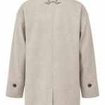 Espresso-colored Anna Five Button Coat by graced, stylish outerwear with five front buttons and a tailored fit, displayed on a hanger.
