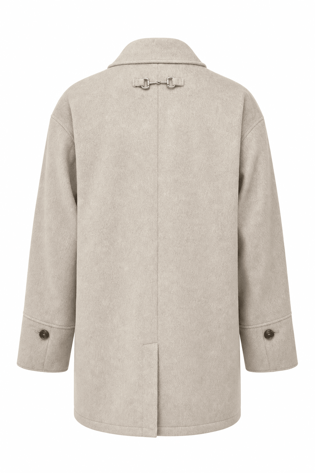 Espresso-colored Anna Five Button Coat by graced, stylish outerwear with five front buttons and a tailored fit, displayed on a hanger.