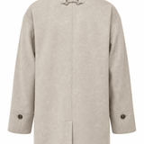 Espresso-colored Anna Five Button Coat by graced, stylish outerwear with five front buttons and a tailored fit, displayed on a hanger.