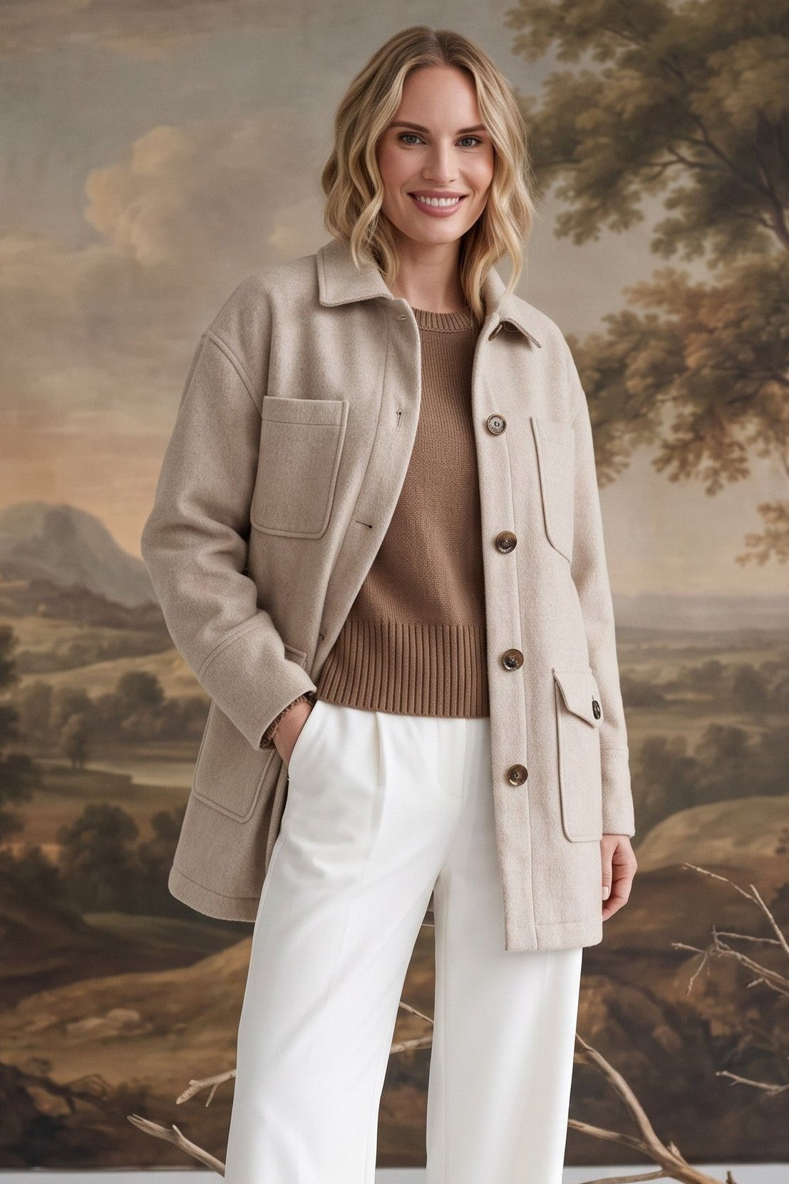 A woman wearing the graced Anna Five Button Coat in a neutral beige wool-blend with a classic collar and pockets.
