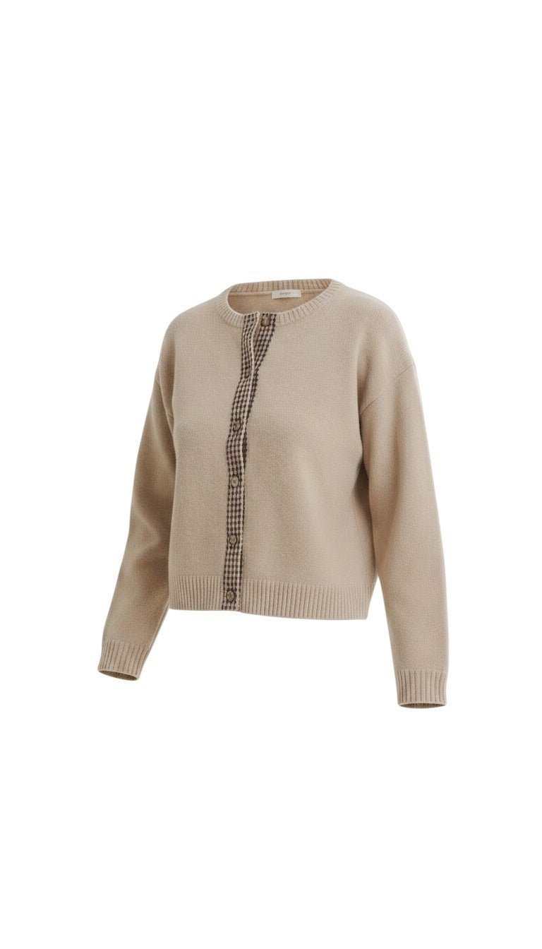 graced Baylie cardigan in beige with a brown and white gingham button-down trim and ribbed cuffs