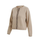 graced Baylie cardigan in beige with a brown and white gingham button-down trim and ribbed cuffs