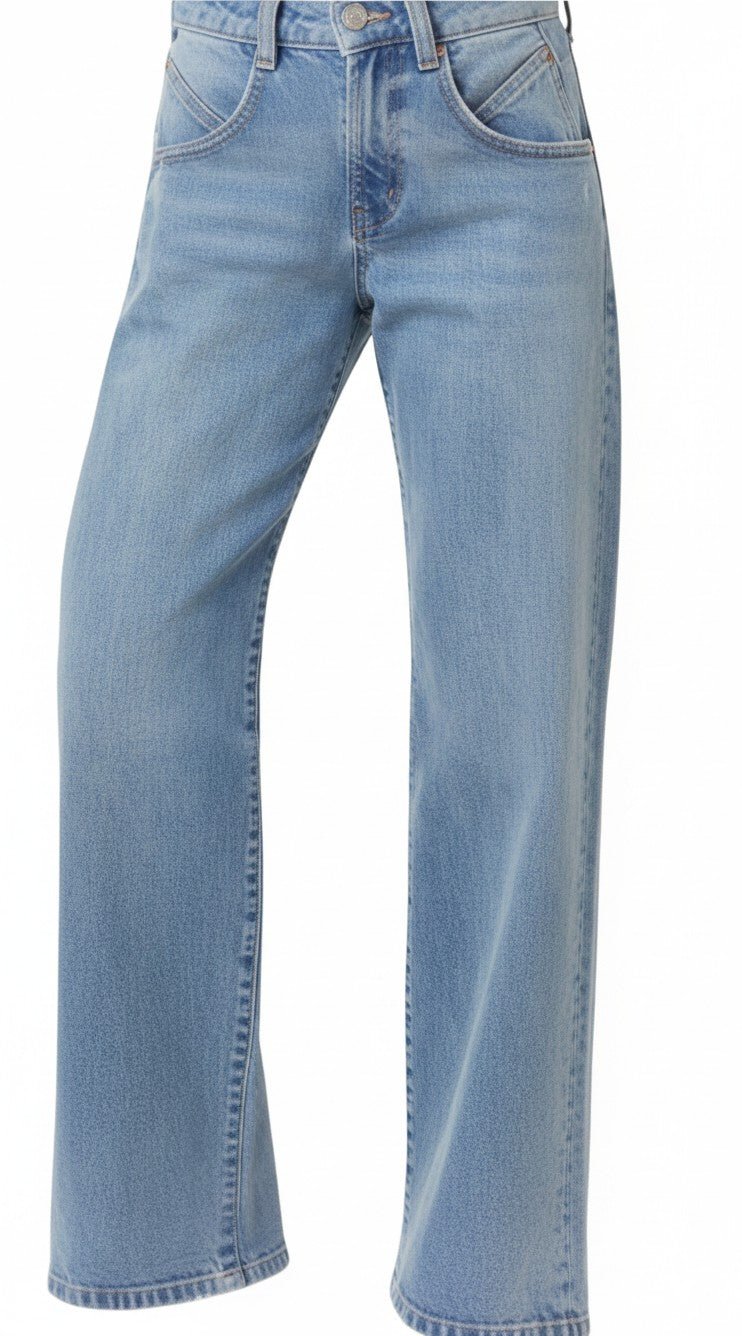 graced Blaine high-rise straight leg jeans in light blue denim with unique curved pocket stitching details