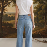 graced Blaine high rise straight leg jeans in light blue denim worn by a woman from the back view
