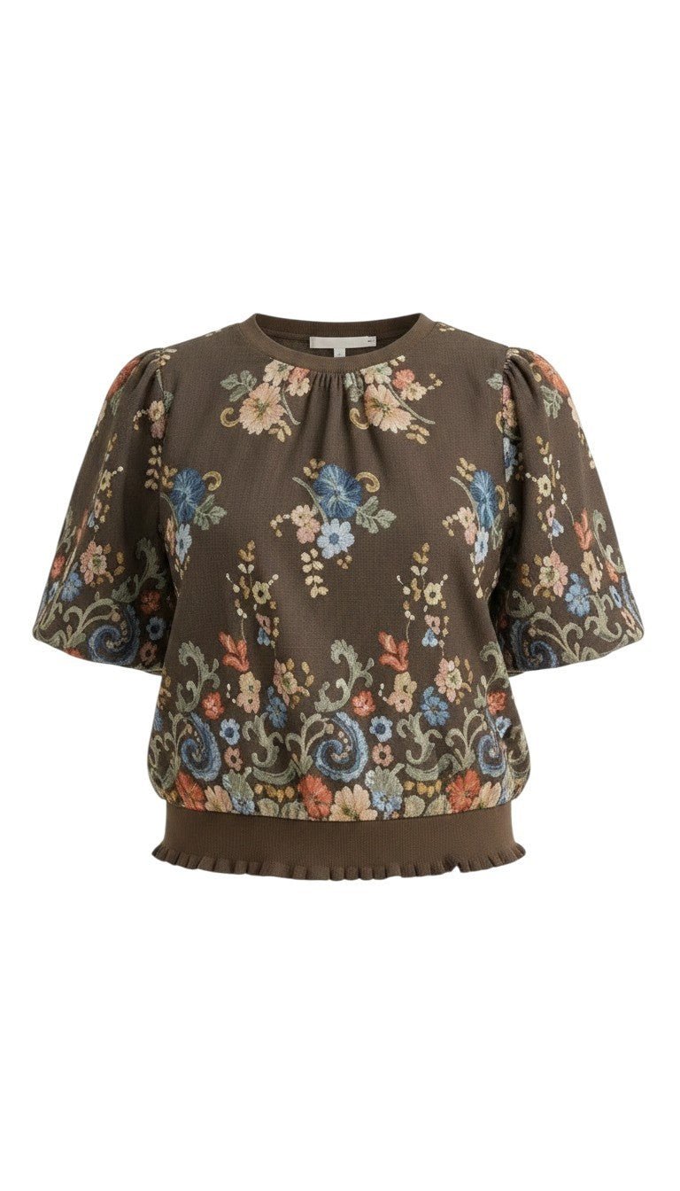 graced Brenda brown floral top with puff sleeves and ribbed waist detail featuring delicate embroidered flowers