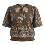 graced Brenda brown floral top with puff sleeves and ribbed waist detail featuring delicate embroidered flowers