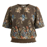 graced Brenda brown floral top with puff sleeves and ribbed waist detail featuring delicate embroidered flowers