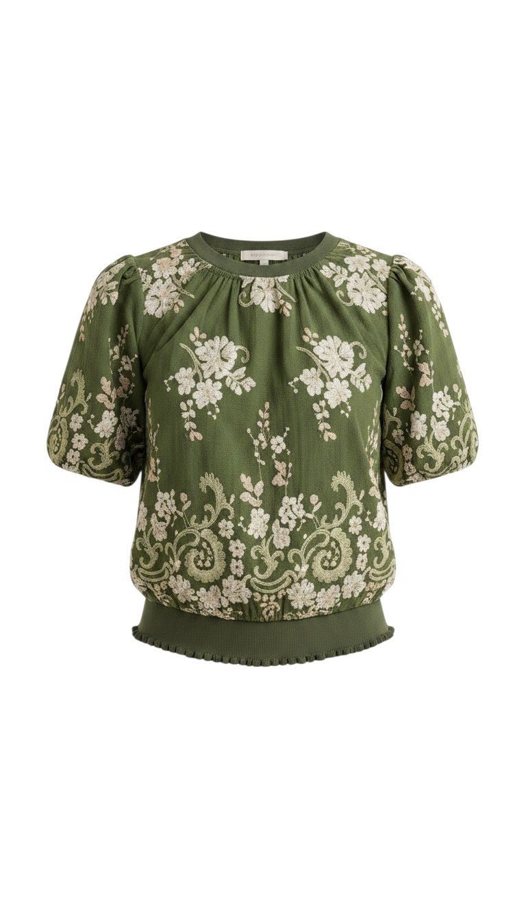 graced Brenda floral top in olive green with puff sleeves and delicate white embroidery on a ribbed waist blouse