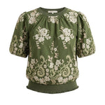 graced Brenda floral top in olive green with puff sleeves and delicate white embroidery on a ribbed waist blouse