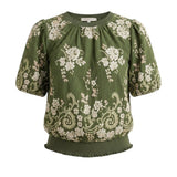 graced Brenda floral top in olive green with puff sleeves and delicate white embroidery on a ribbed waist blouse