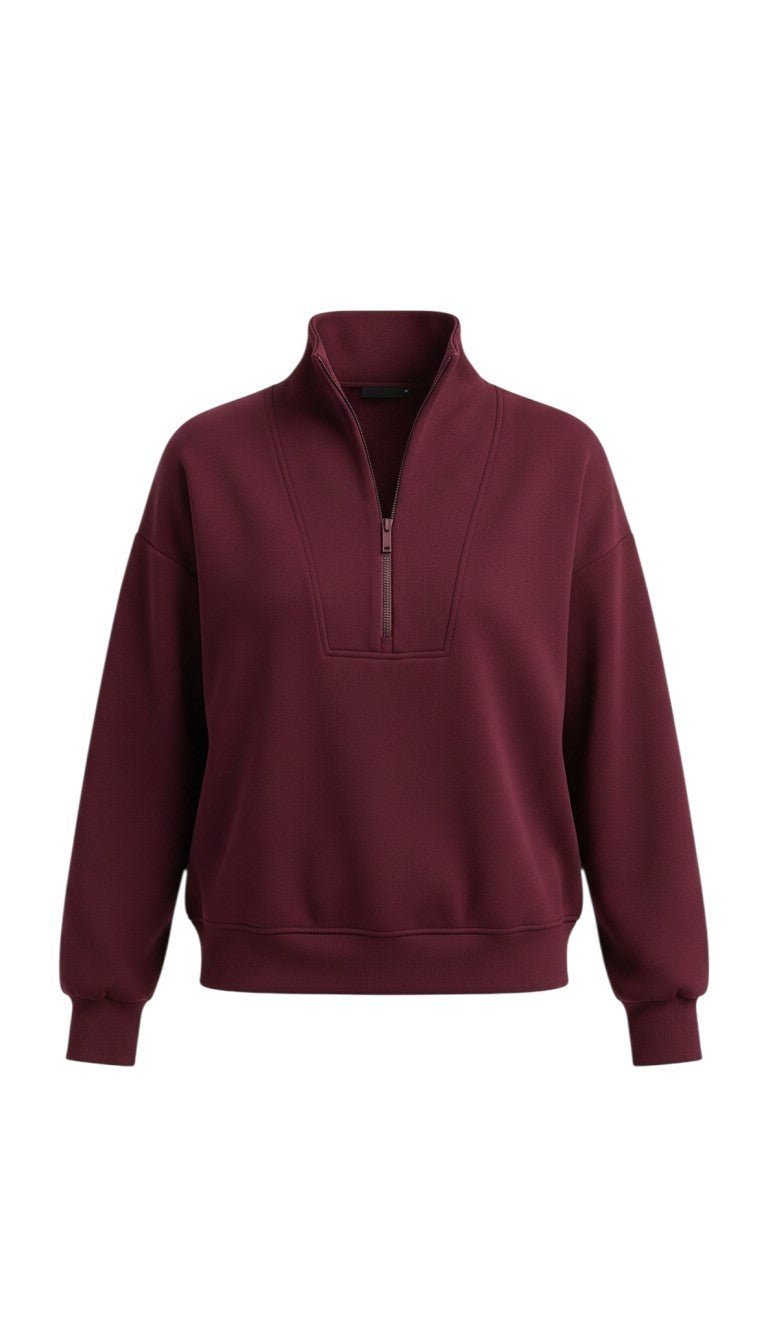 graced dark cherry ribbed quarter-zip sweater with a relaxed fit and long sleeves
