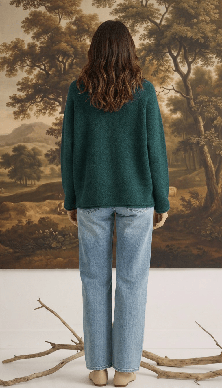 Back view of a model wearing the graced Carley Mallard Sweater in forest green with light wash jeans