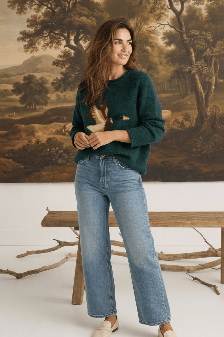 Model wearing a graced Carley Mallard forest green knit sweater with a duck motif, paired with light wash jeans.