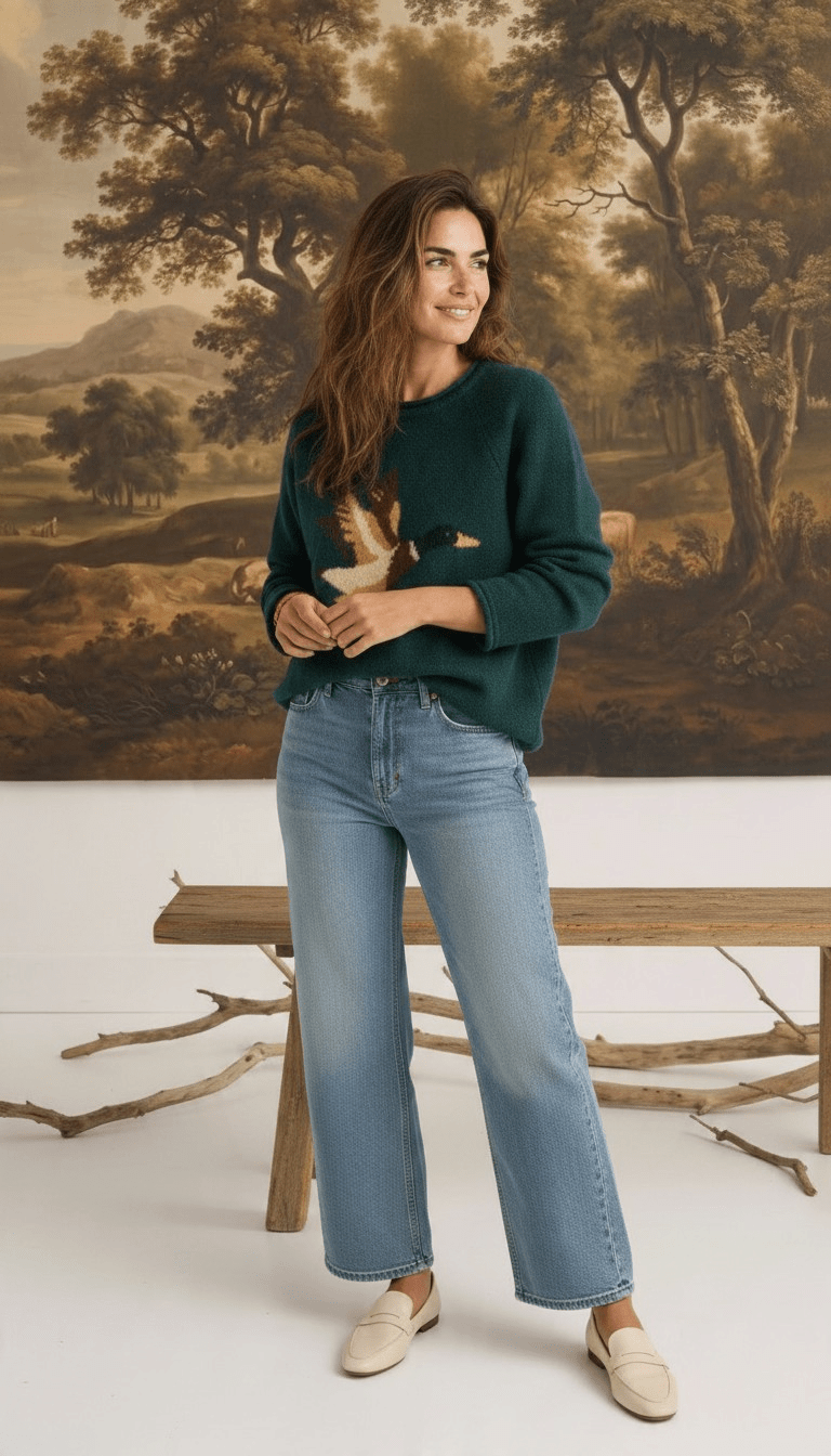 Model wearing a graced Carley Mallard forest green knit sweater with a duck motif, paired with light wash jeans.