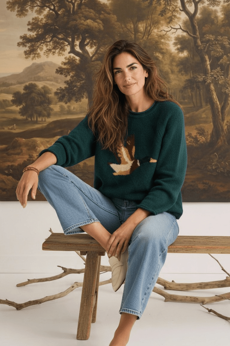 graced Carley Mallard sweater in forest green with a duck motif, worn by a woman with light blue jeans and loafers.