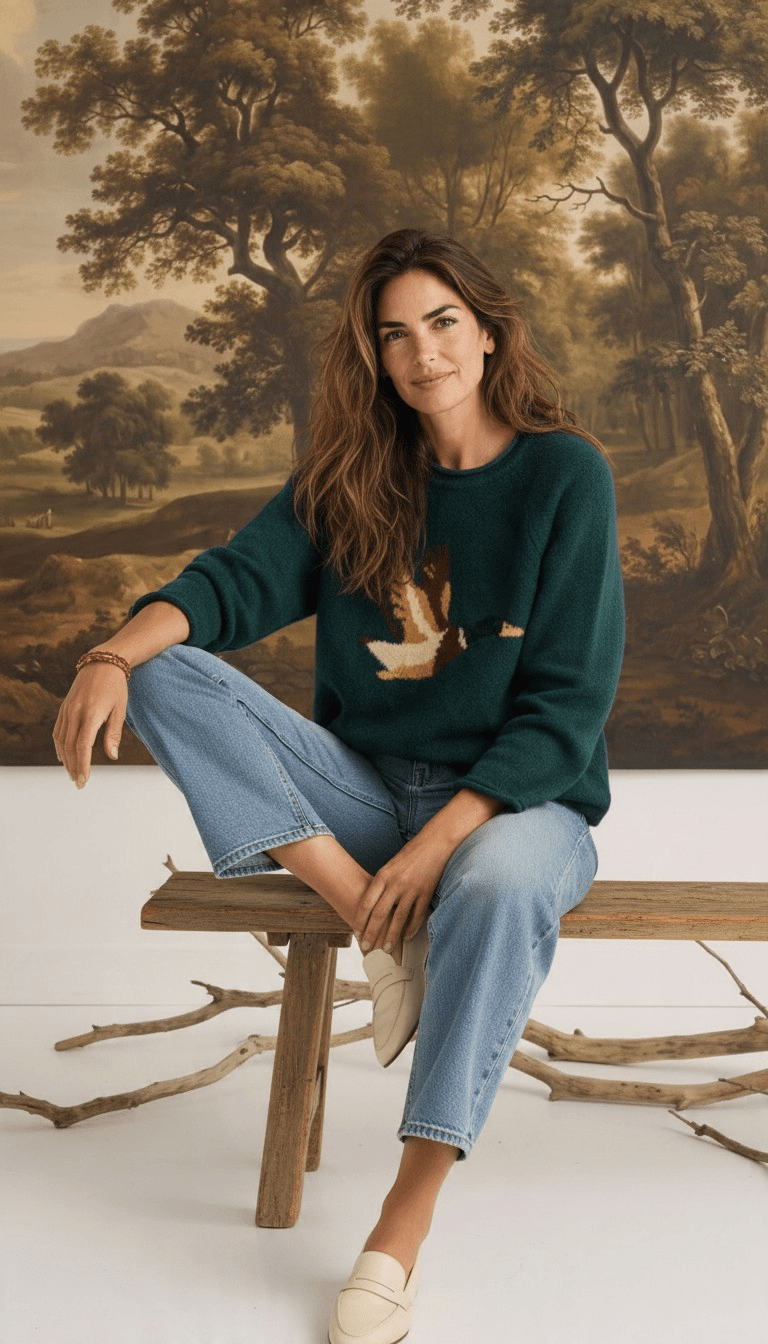 graced Carley Mallard sweater in forest green with a duck motif, worn by a woman with light blue jeans and loafers.