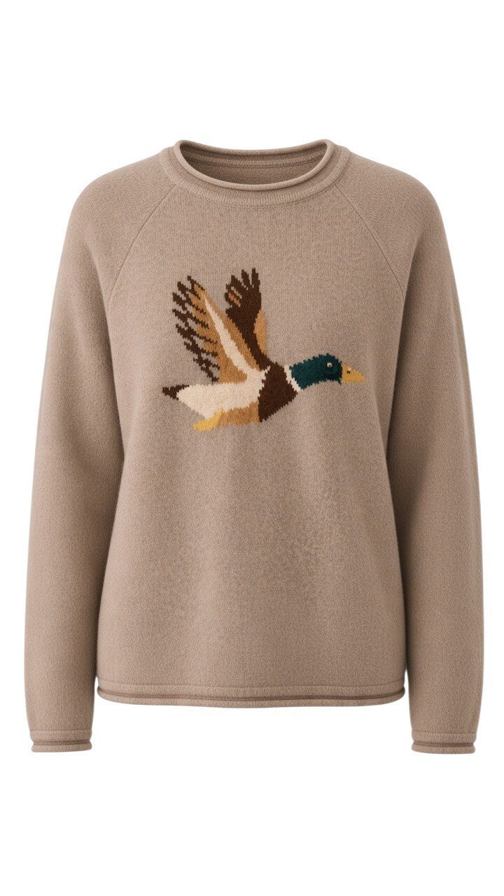 graced Carley Mallard sweater in mocha brown featuring a knitted mallard duck design on the front
