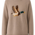 graced Carley Mallard sweater in mocha brown featuring a knitted mallard duck design on the front