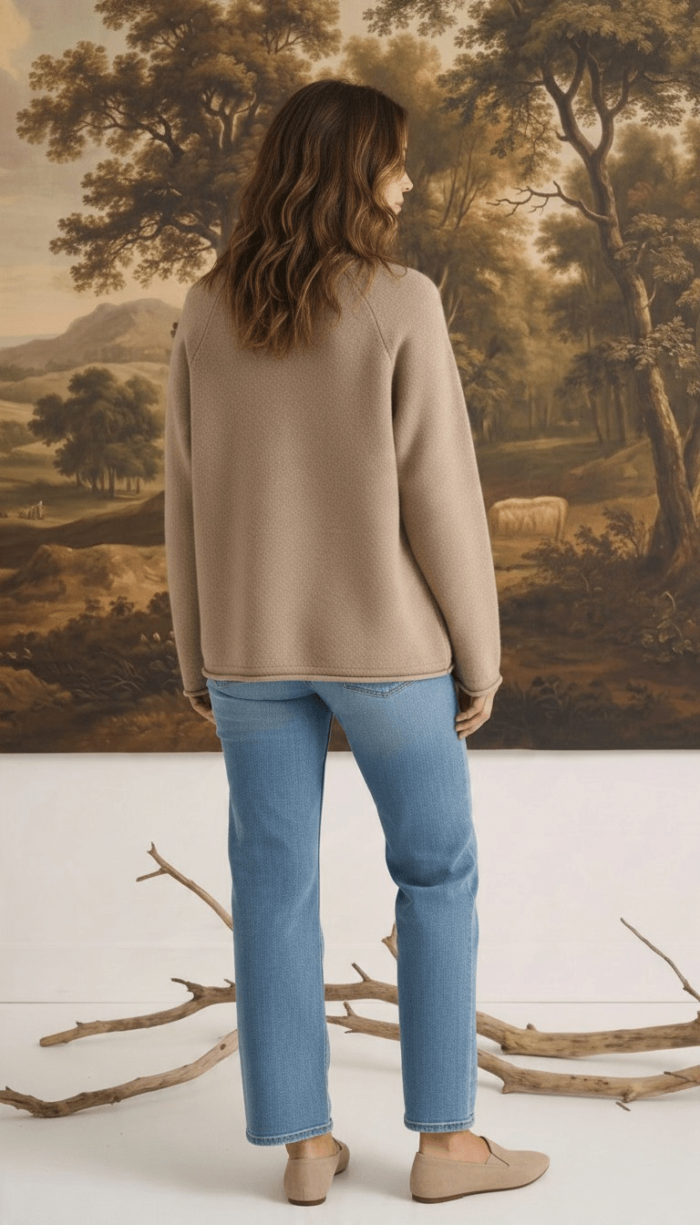 Model wearing a mocha Carley Mallard sweater by graced with blue jeans and loafers, back view